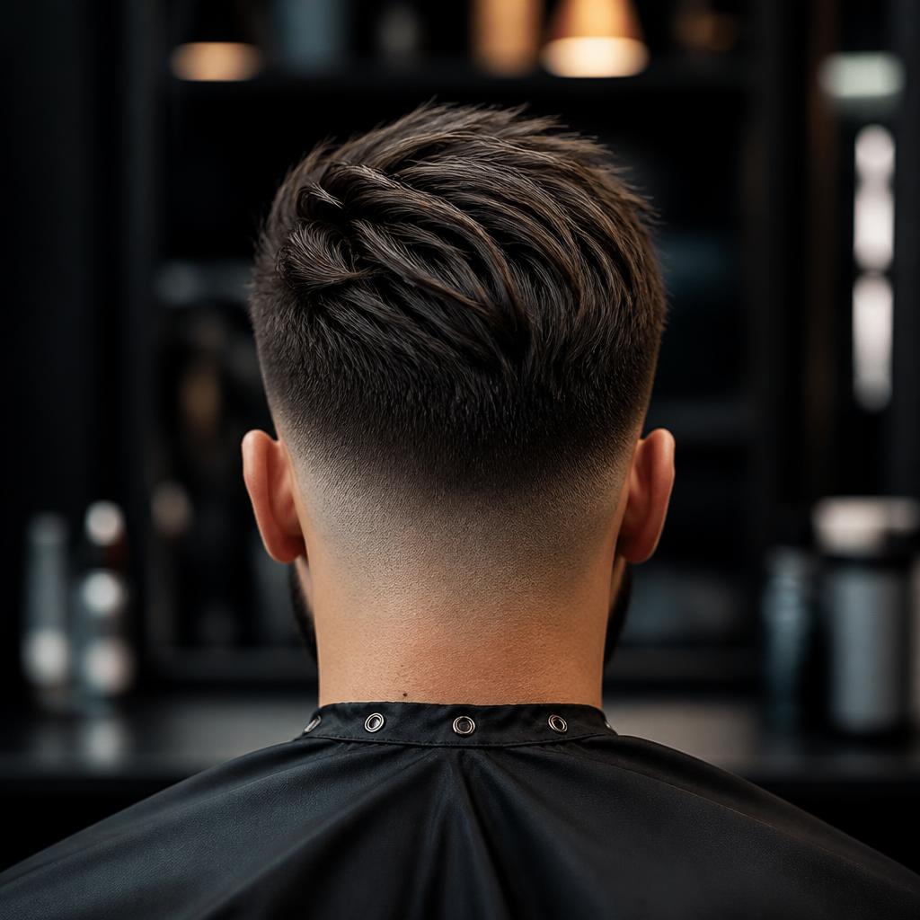 Back of a fresh fade with textured styling on top