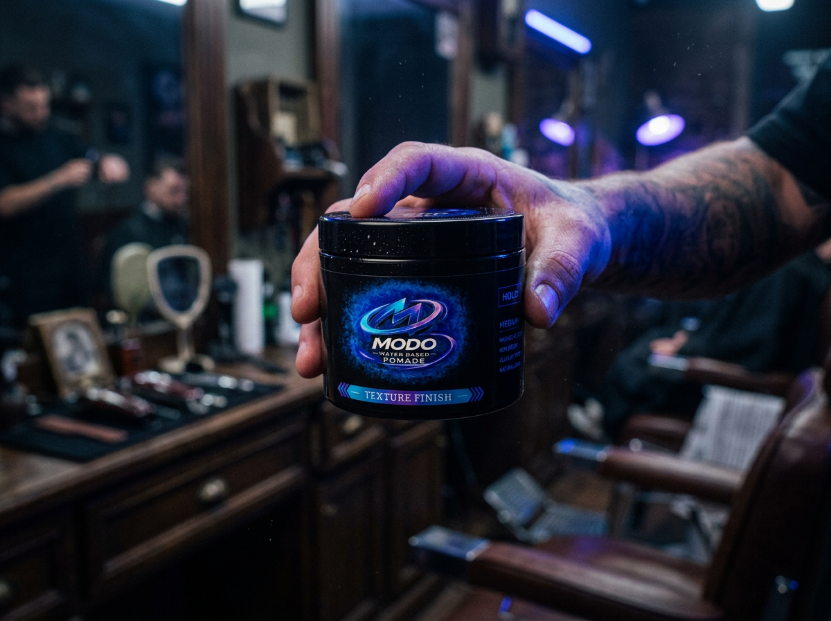 Hand holding the Modo pomade jar
