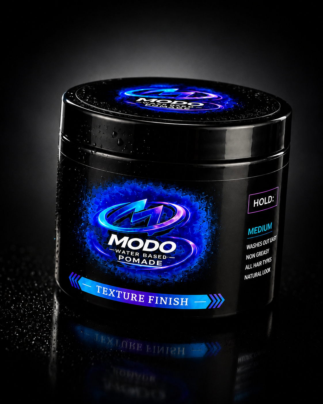 Modo water-based pomade jar with an iridescent blue and violet logo and texture finish banner