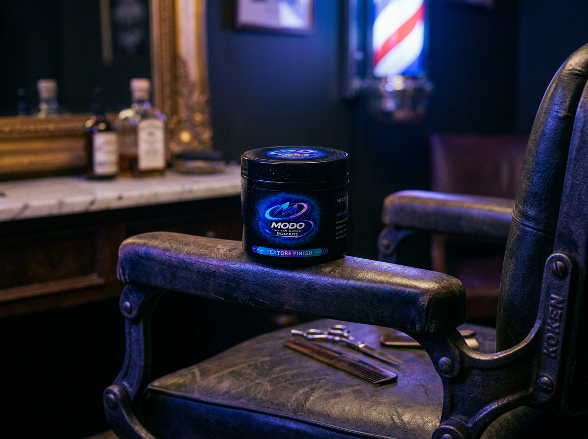 Modo pomade jar on a barbershop station