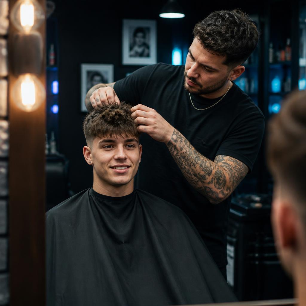 Barber finger-styling a client's textured hair in the shop